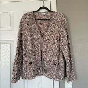 J. Jill Tweed Knit Cardigan Sweater Jacket Pink Grey